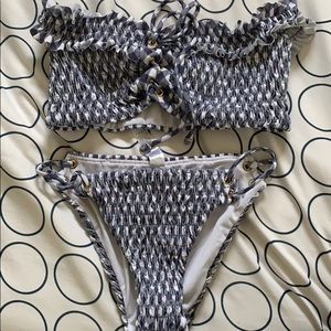 ASOS blue and white off the shoulder swimsuit